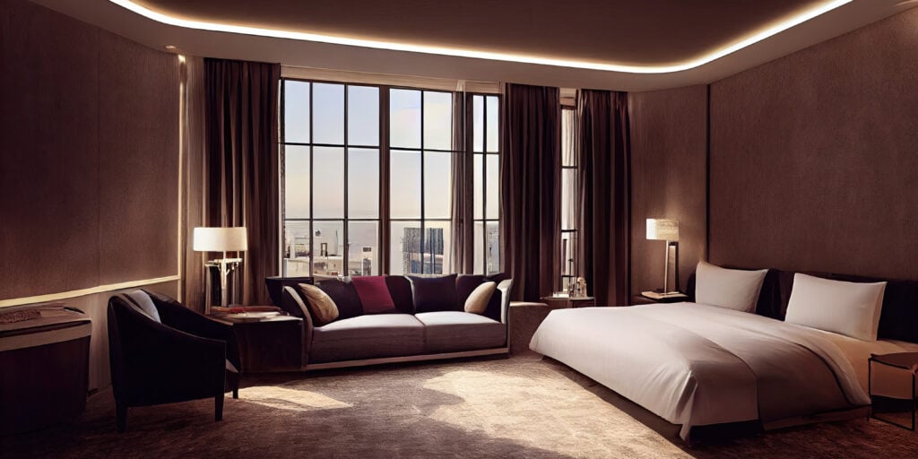 luxury modern style bedroom, interior of a hotel bedroom. generative ai illustration