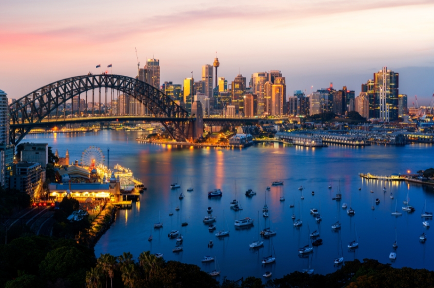 Aerial view of Sydney Harbour Bridge near sunset